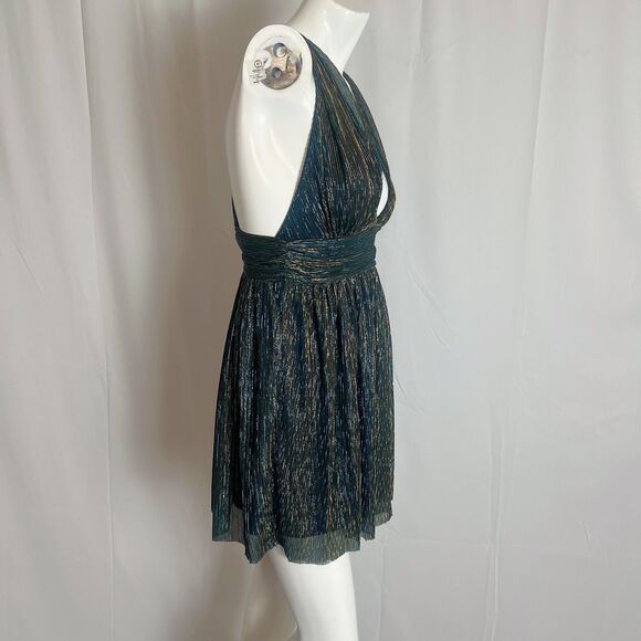 Lulus Ailey Gold and Teal Blue Metallic Skater Dress Women's Size M - Picture 3 of 6